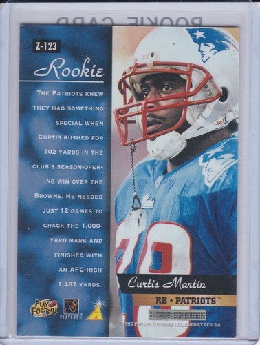 TARJETA DE NOVATO CURTIS MARTIN New England Patriots Fútbol 1996 PINNACLE ZENITH RC - Imagen 2 de 2