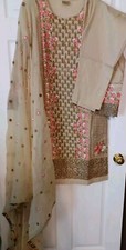 Pakistani Indian Embroidered 3 Piece Dress Cotton Biege Chiffon Dupata