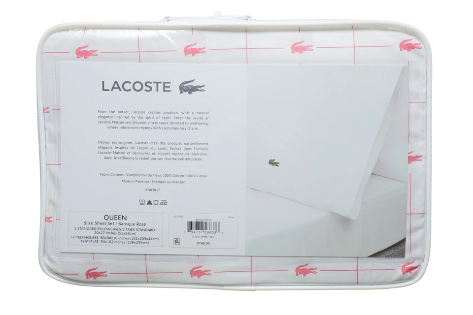 Juego de sábanas Lacoste 100 % algodón percal Queen Slice rosa barroco Foto 2 de 4