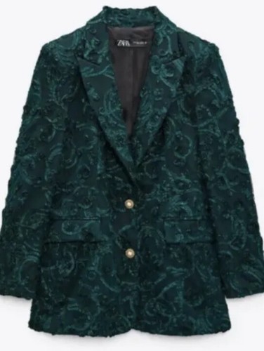 New Zara Jaquard textured blazer jacket M Emerald green Jewel Pearl Buttons - Picture 4 of 11