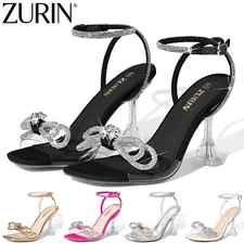 ZURIN Women Rhinestone Bow Heeled Sandals Open Square Toe Party Pump Dress Shoes