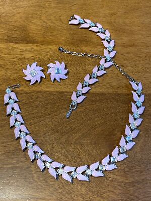 VTG KRAMER PINK ENAMEL W/ SQUARE RHINESTONES NECKLACE BRACELET EARRINGS SET MINT