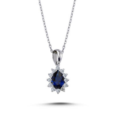 Tropfen Saphir Entourage Halskette mit Diamanten in 14 Karat Weißgold