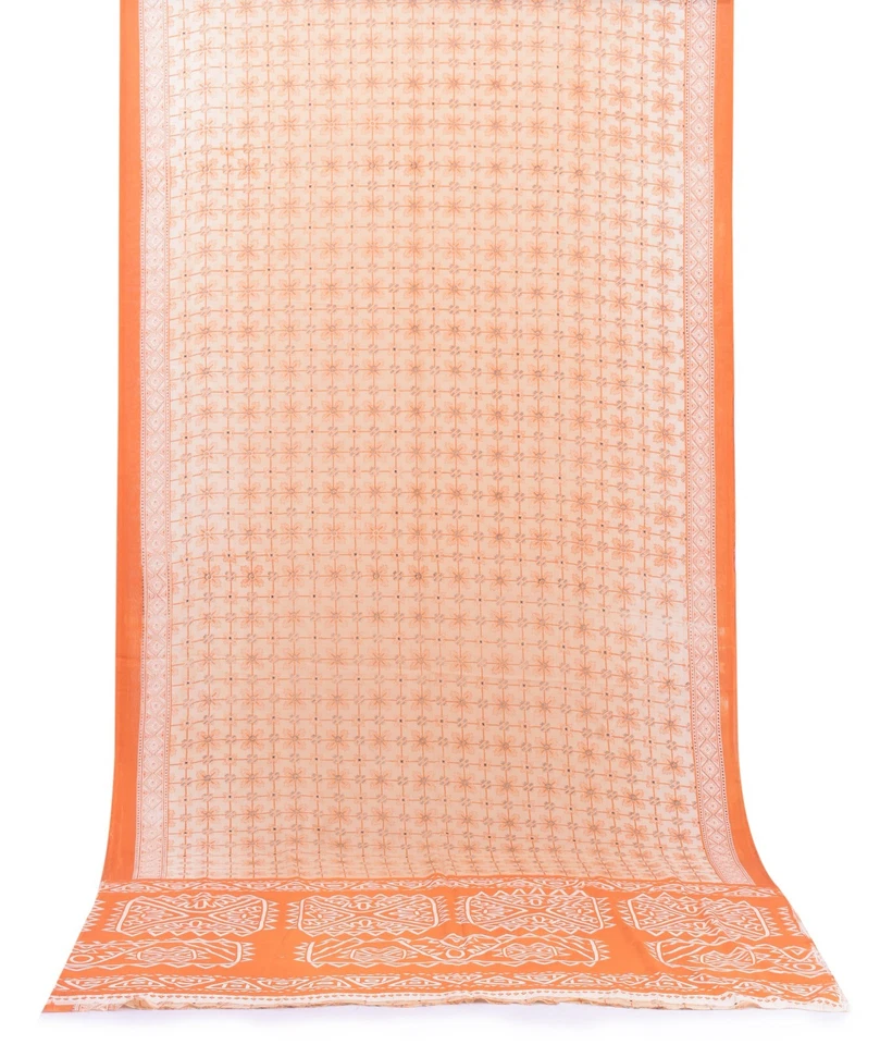 Vintage Orange Saree Pure Crepe Silk Printed Fabric Making Dress Saree Sari Art - Image 2 of 3