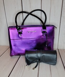 Younique Shiny Purple Handbag Purse & Makeup Brush Roll Case Set Black/Purple