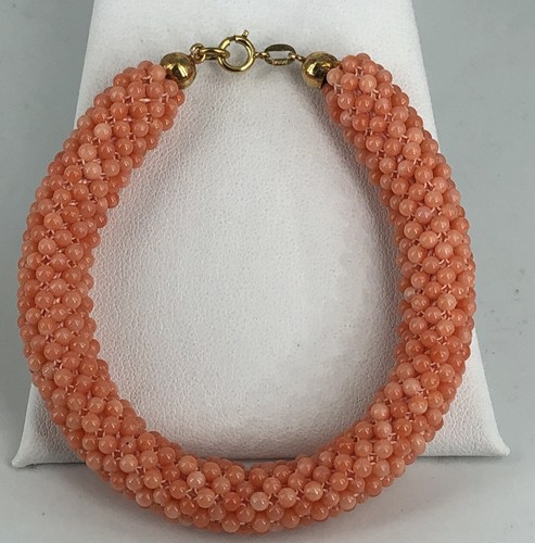 Pulsera De Coral Rosa Y Oro Amarillo 18kt Tejida - Imagen 3 de 7