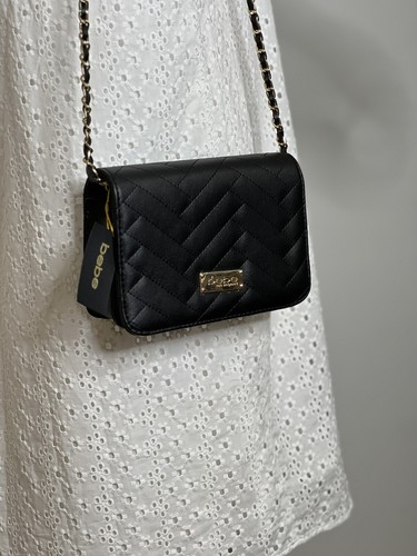 Bebe Womens crossbody Bag black quilt gold chain Shoulder bag sophia NWT - 第 6/16 張圖片