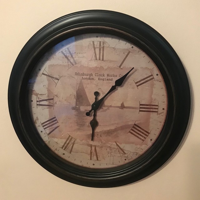 Vintage EDINBURGH CLOCK WORKS CO. Wall Clock Sailboat Photo/Letter