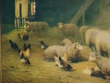 lovely  vintage unframed Sheep & Chickens in Rustic Barn Farm Livestock print