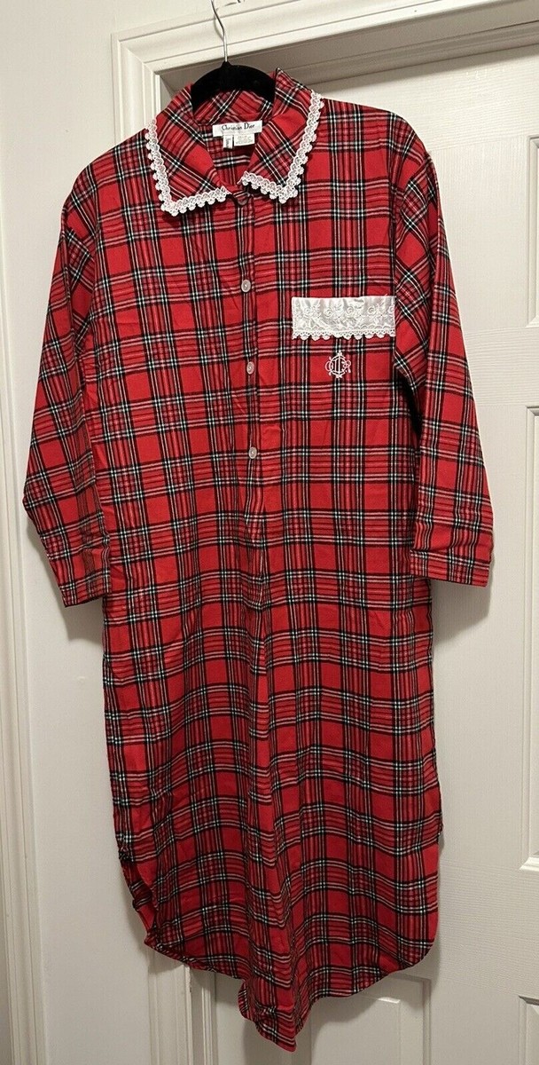 dior red plaid dress CHRISTIAN DIOR plaid flannel cotton nightgown Red Plaid petite S/M NEW