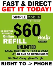  60 SIMPLE MOBILE PREPAID REFILL DIRECT to PHONE   GET IT TODAY  FASTEST REFILL
