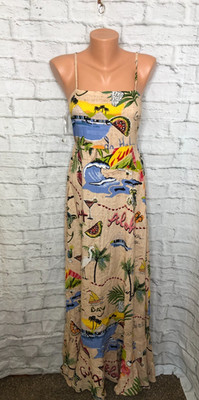 True Destinations Tropical Novelty Print Midi Dress Tan Womens S NWOT