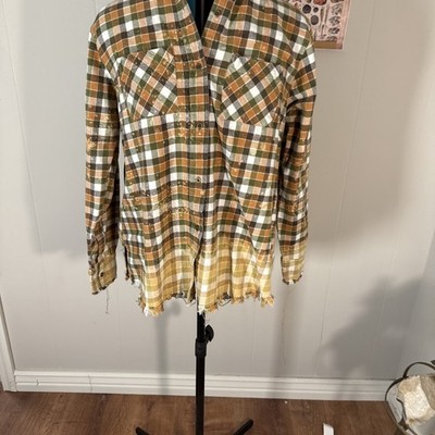 One24 Rags Orange Distressed Women's Plaid Flannel Button Up w/ Raw Hem L