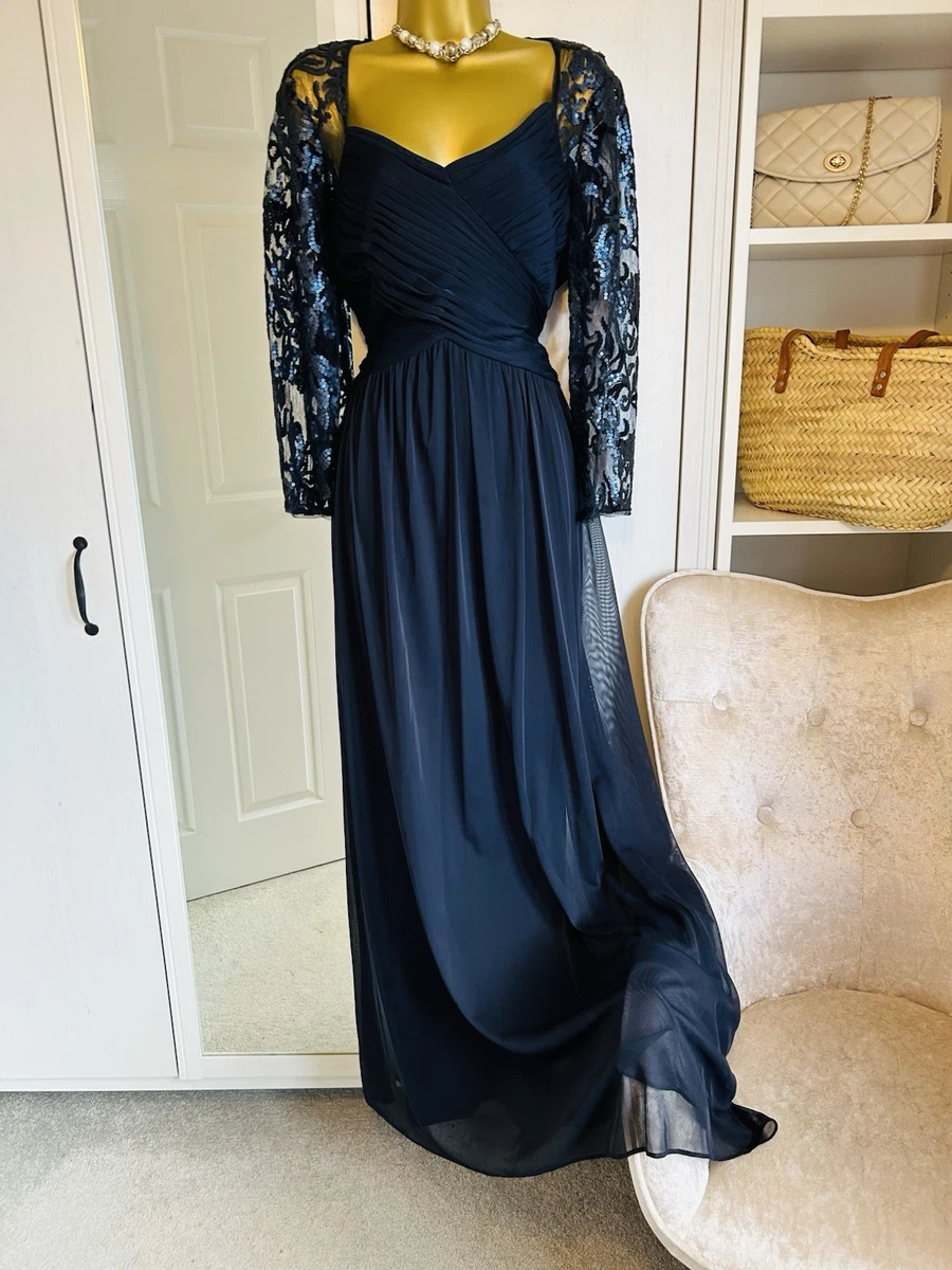 Vestido de Noche Largo Azul Marino Adrianna Papell Encaje Lentejuelas Manga Reino Unido 18 Ocasión Formal