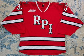 RPI ENGINEERS ECAC GAME WORN JOG RED JERSEY JASON KASDORFF SZ 58G