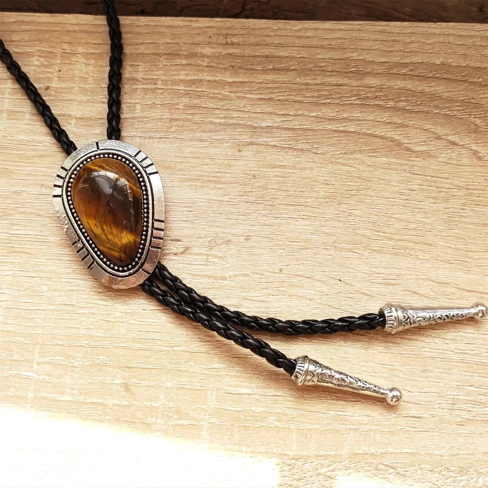 Collar de boda con corbata bolo vintage de piedra ojo de tigre natural vaquero occidental para hombre Foto 3 de 4
