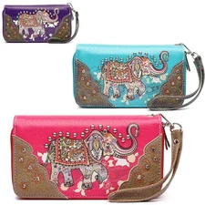 Western Style Wallet Bohemian Elephant Double Zipper Wristlet  Wallet