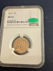 1913 Gold Indian $5 PCGS MS63 CAC Sticker Green Half Eagle. (code 666)