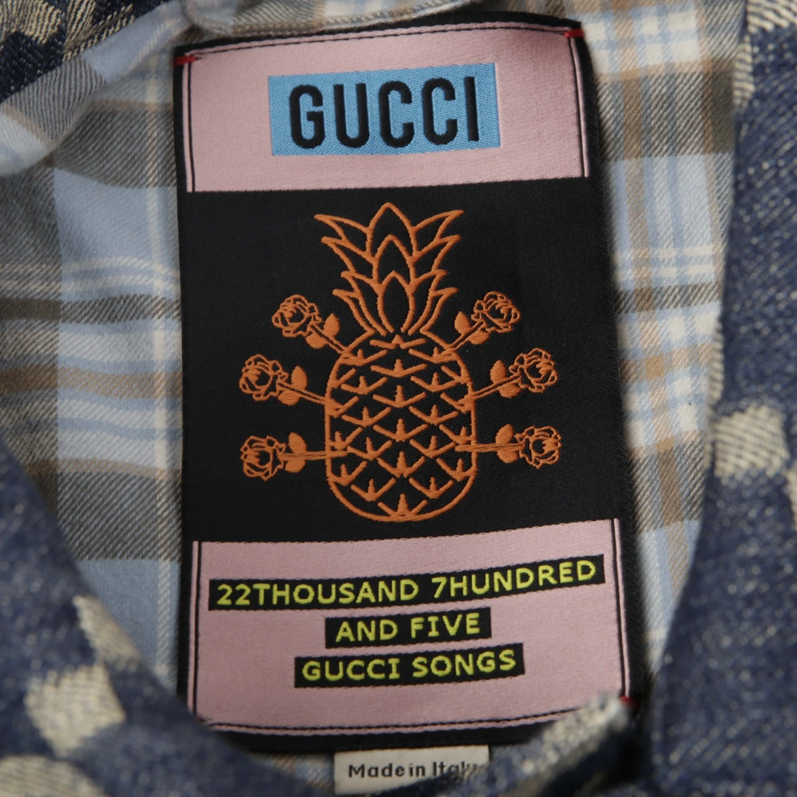 Gilet Gucci blu avorio Jumbo GG jacquard denim ananas 674339 49280772