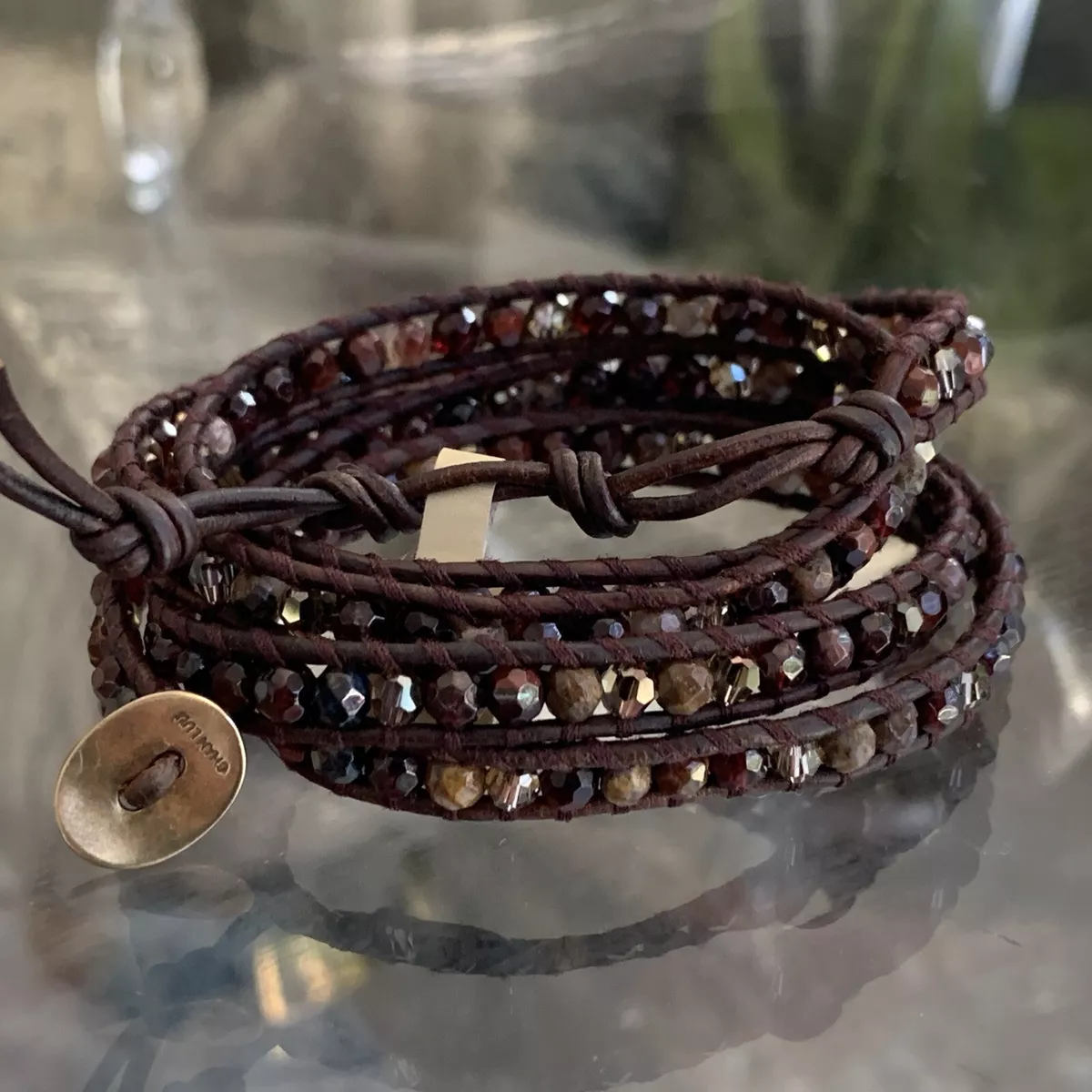 Leather Wrap Bracelet with Semiprecious Stone, Crystal and Handmade Beads