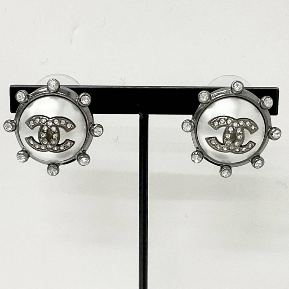 CHANEL CC Logos Rhinestone Pearl Round Stud Earrings Silver