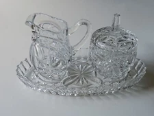Vintage 4 Piece Glass Lidded Sugar Bowl, Creamer And Tray