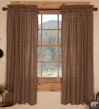 63" L Brown Plaid Prescott Curtain Set 2 Lodge-Style Cotton Panels w/ Tie Backs