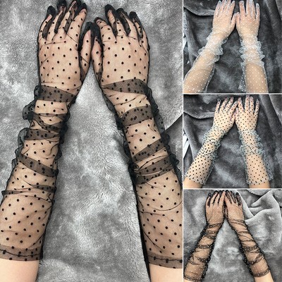 Women Ladies Sheer Lace Dot Gloves Mesh Tulle Long Gloves Sun Protection Mittens