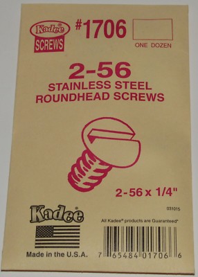 Kadee HO scale # 1706 ~ Stainless Steel Roundhead Screws 2-56 ~ 1/4'' Length
