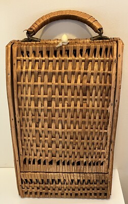 Vintage Mid Century Wicker Picnic Bottle Basket Wine Holder Rattan