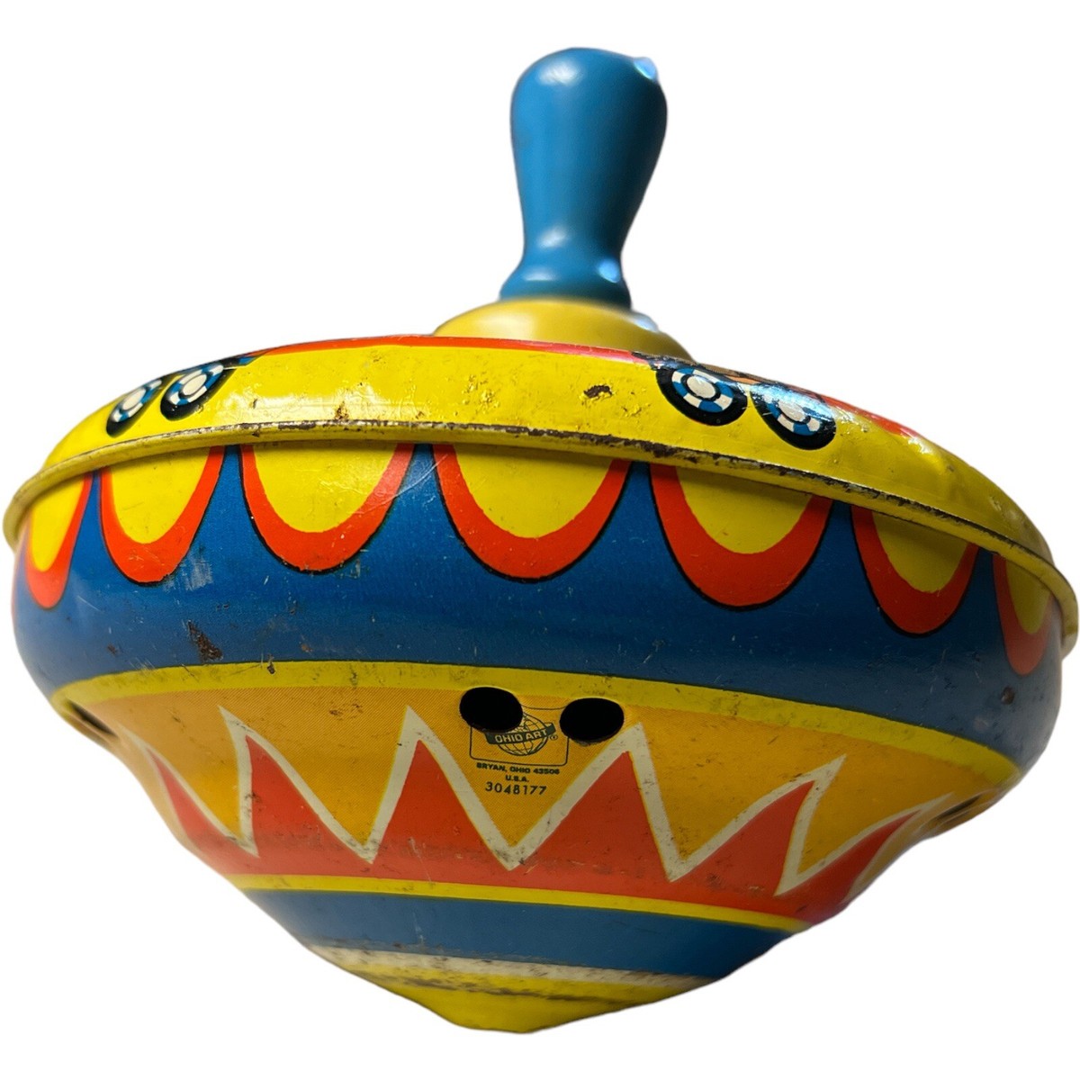 Vintage Ohio Art Tin Toy Spinner - Blue Handle Circus Design Metal