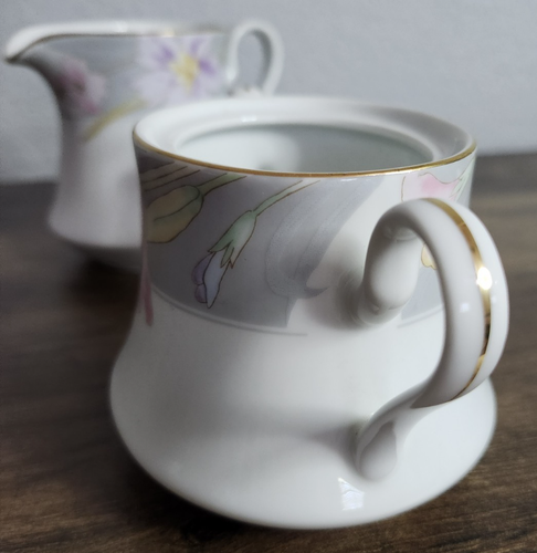 Mikasa Charisma grau L9049 Milchkännchen und Zuckerdose mit Deckel Floral Goldrand Japan - Bild 5 von 16