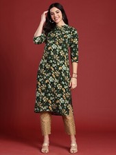 Indian Women Green Multicolored Rayon Floral Printed Kurta Kurti New Top Tunic