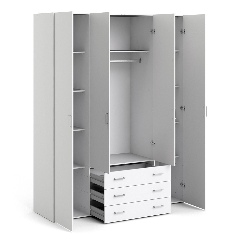 SPACE CHEAP LARGE WIDE WARDROBE - 4 DOORS 3 DRAWERS IN WHITE 200CM HIGH ...