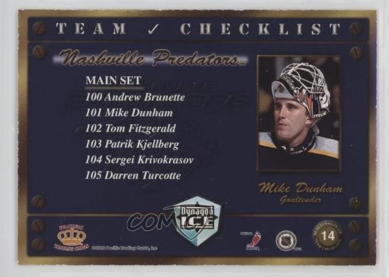 1998-99 Pacific Dynagon Ice Team Checklists Mike Dunham #14 - Image 2 of 2