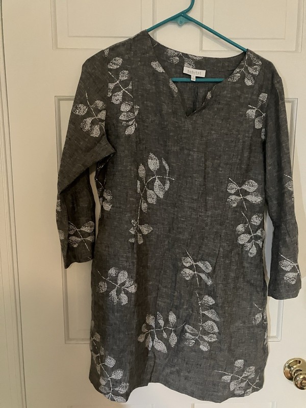 Habitat Women's Linen Woven Floral Tunic Dress/Coverup. Gray/White V-Neck Zip S