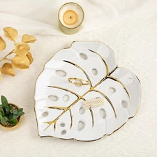 Ceramic Leaf Shaped Decorative Tray, White Gold Monstera Leaf Plate 12.6"x11"...