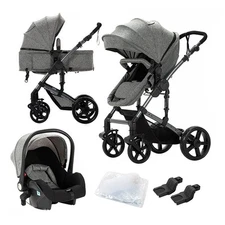 Baby Stroller Travel System 3-in-1 | Adjustable Pram + Car Seat Accessories Grey