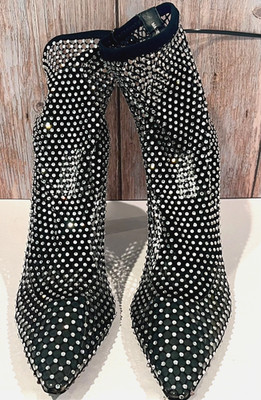 Steve Madden Saphina Sparkly Rhinestone Mesh Black Block Heel Ankle Boots Sz 9M