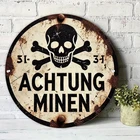 Vintage "ACHTUNG MINEN" Skeleton & Crossbones Tin Metal Signs Home Décor Aluminu