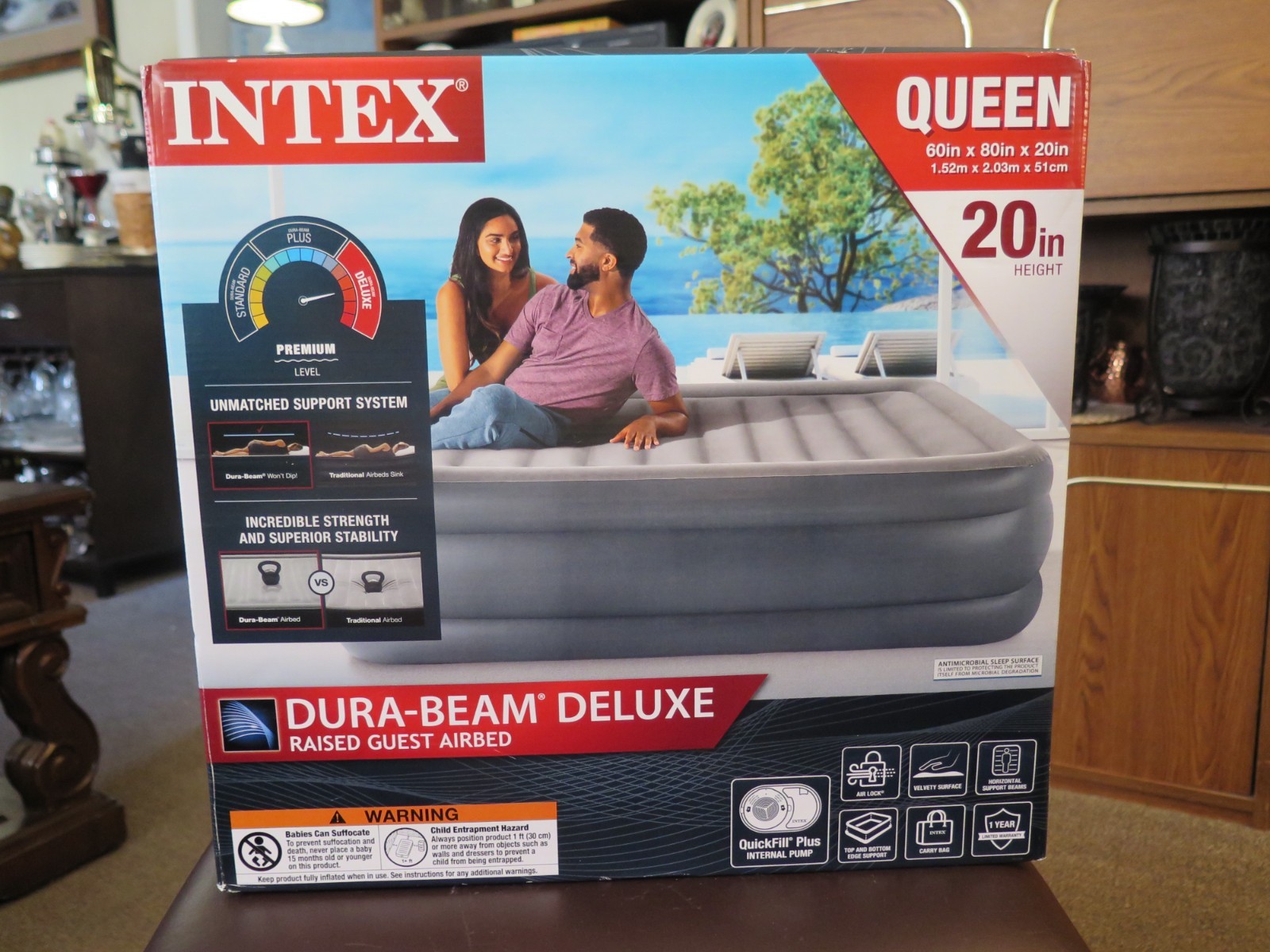 New Intex 20" Queen Dura-Beam Deluxe Raised Air Bed Mattress with Internal Pump