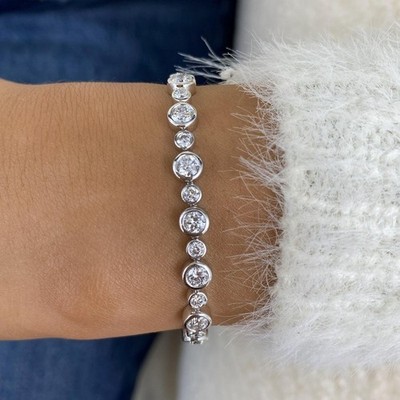 Bezel Set Elegant Natural Round Cut Diamond Bracelet in 14K White Gold Wedding