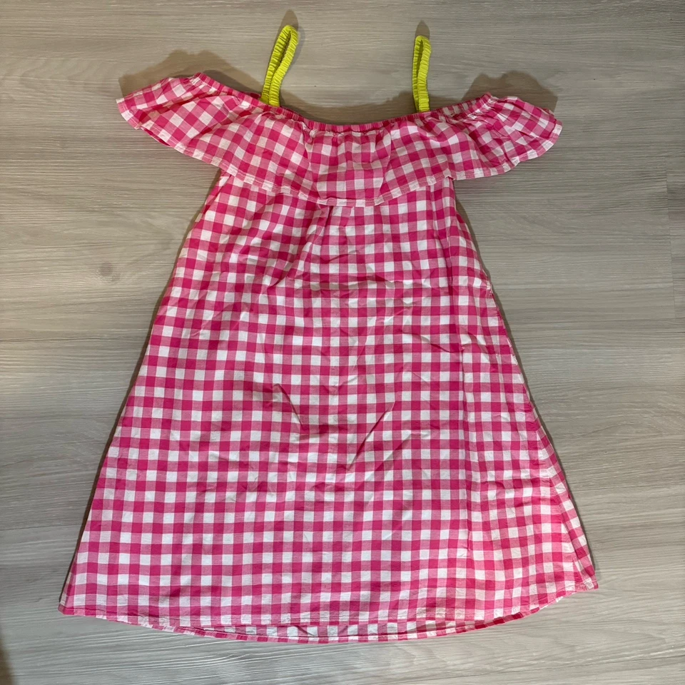 Benetton Little Girls Dress Gingham Ruffle Dress Off Shoulder Red Green Sz 11-12 - Image 2 of 4