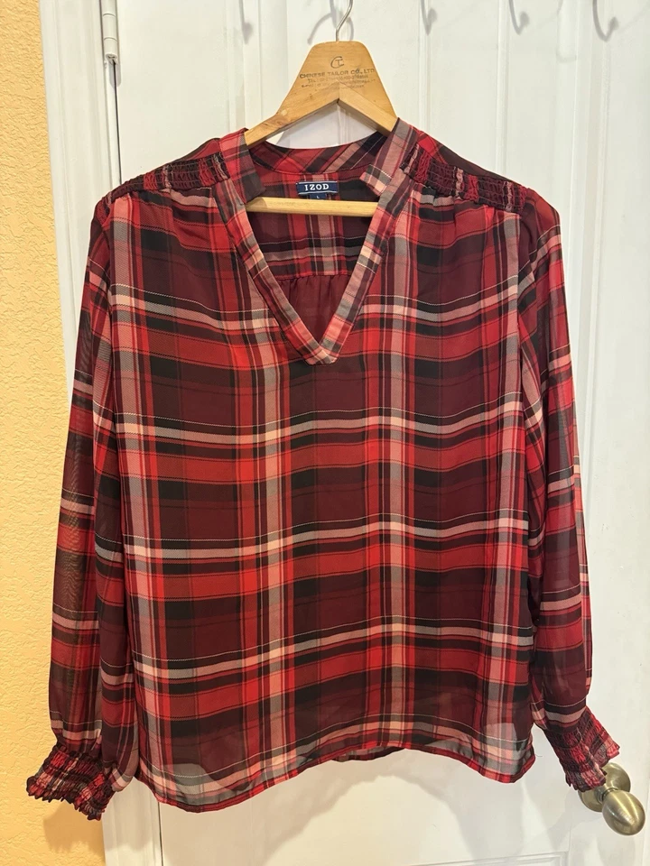 IZOD Womens Red Top Long Sleeve Plaid Hem Size L Holiday - Image 2 of 4