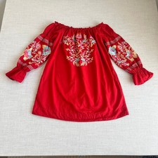 Free People Women's Off Shoulder Embroidered Dress S Red Floral Shift Mini Boho