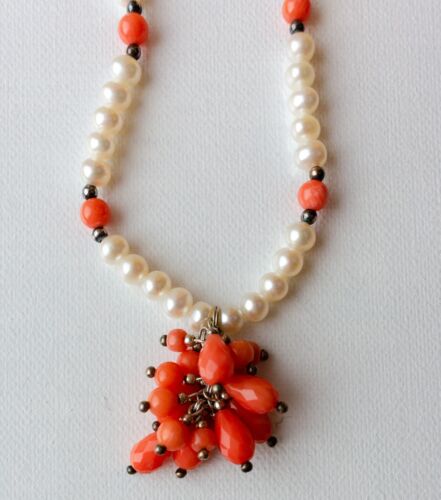 QVC pearls & salmon pink coarl - cluster beads necklace 925 Sterling Silver VGC! - Picture 4 of 8