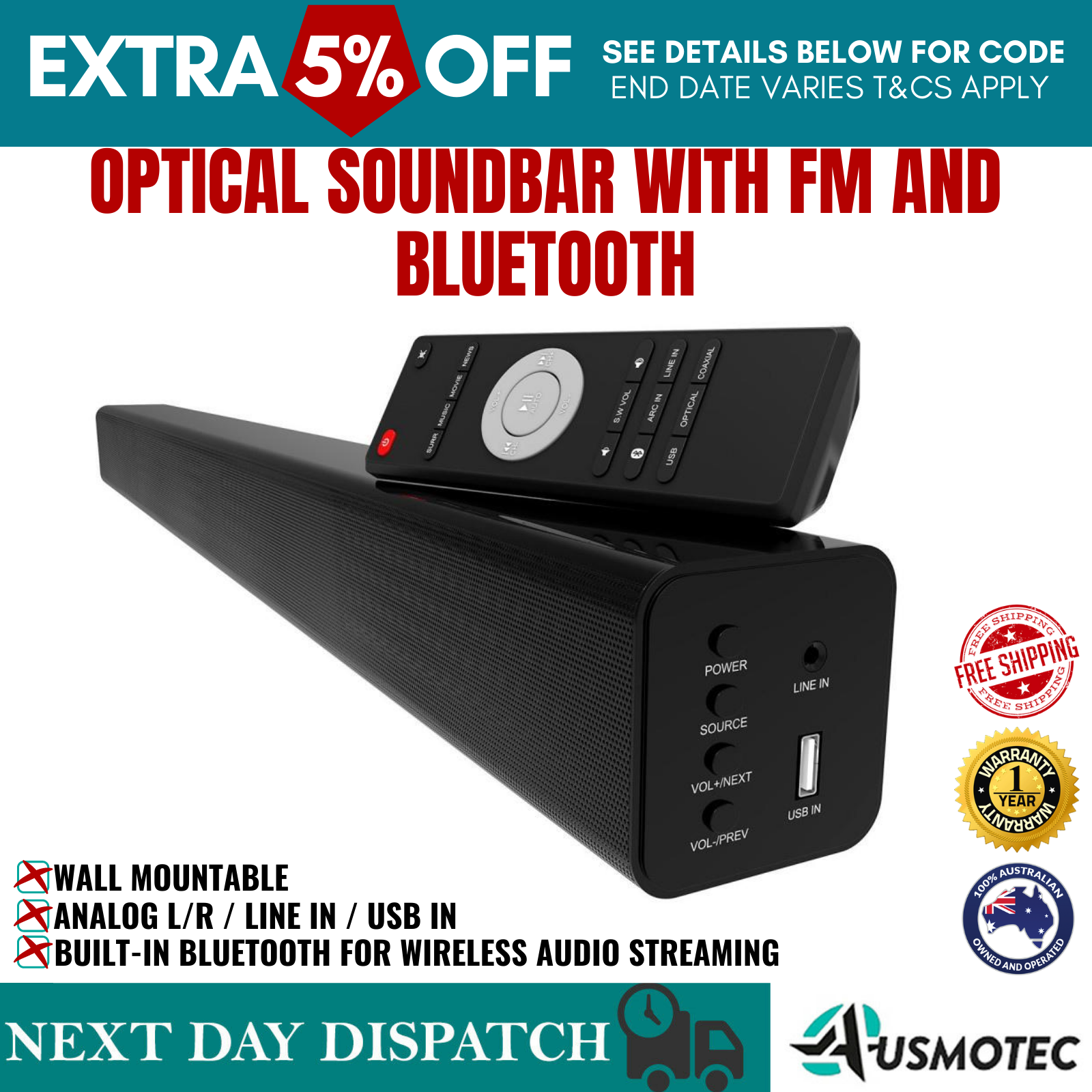 laser optical soundbar with fm & bluetooth
