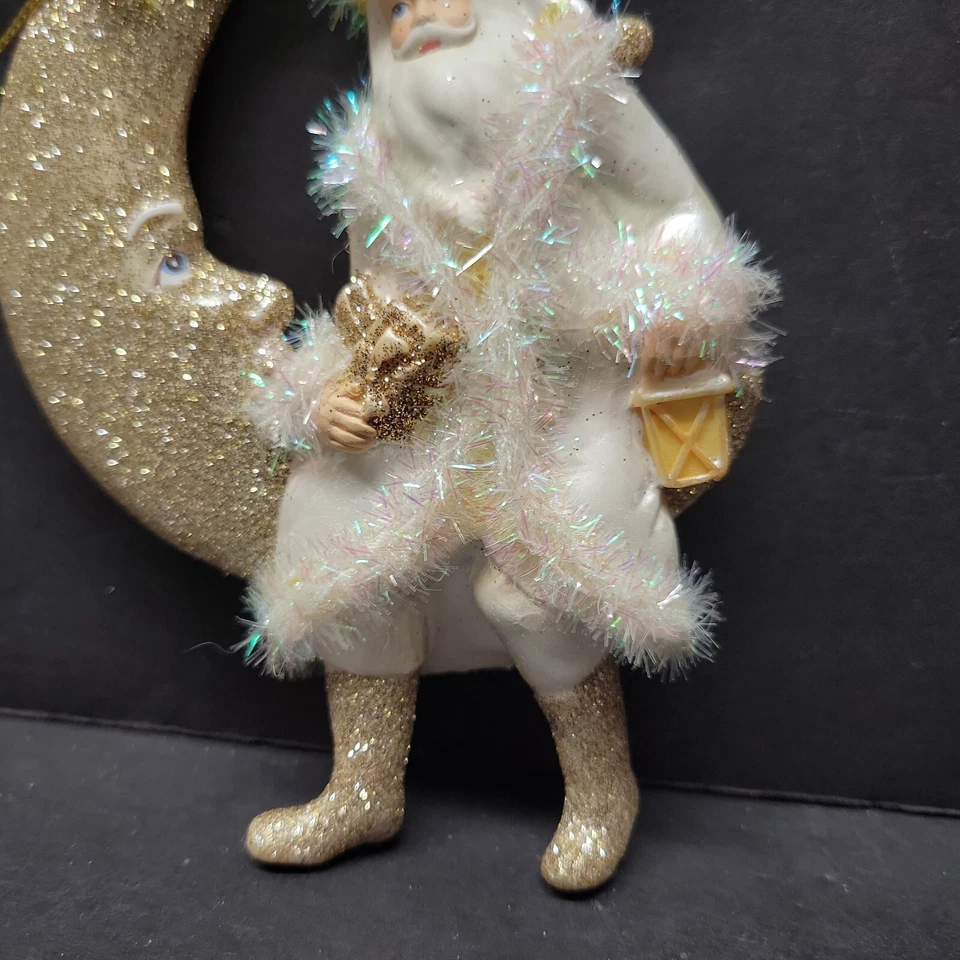 PIER 1 Santa Sitting On The Moon Christmas Tinsel Tree Ornaments Gold Glitter - Image 3 of 4