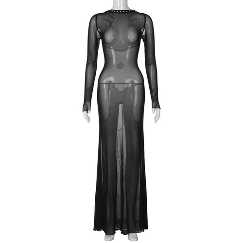 See-Through Mesh Maxi Bodycon Dress Party Evening Sheer Sexy Nightdress Women - Bild 25 von 26