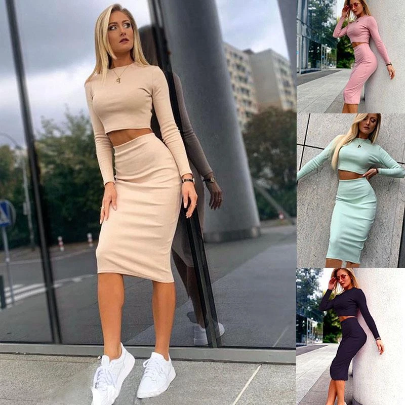 2Piece Set Womens Short Long Sleeves Crop Top Midi Bodycon Skirt Outfit  Dress